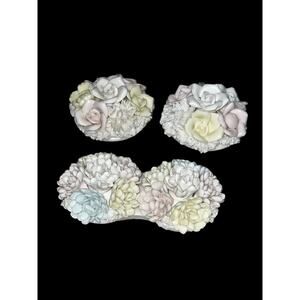 Vintage Lenwile Ardalt Japan Rose Floral 3-Piece Porcelain Taper Candle Holders